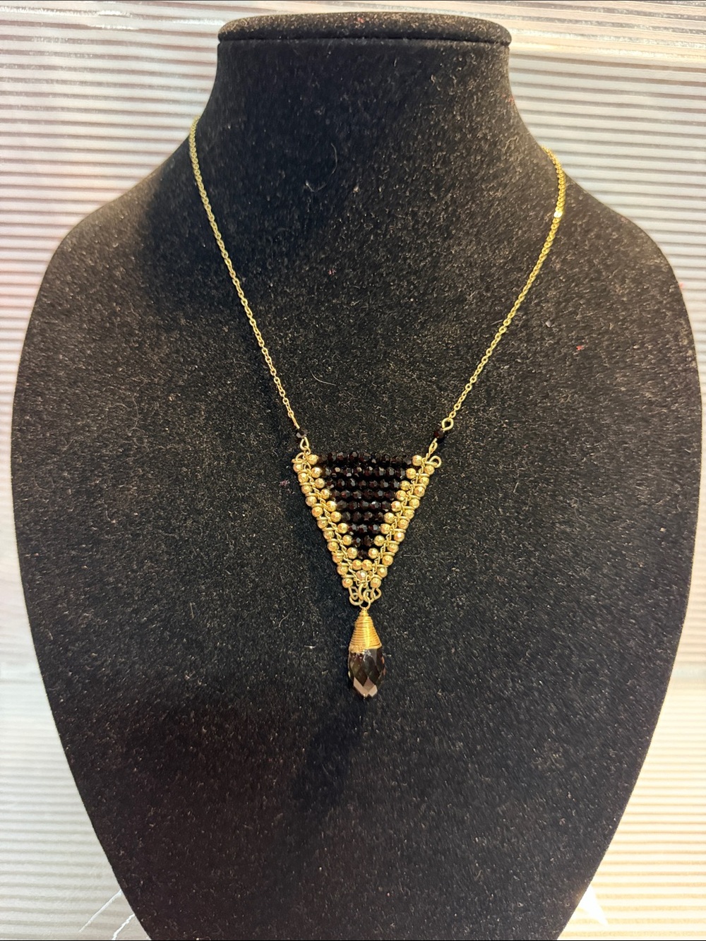 Cookie Lee Gold and Black Beaded Triangle Pendant Necklace